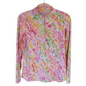 Ibkul Women Cat Cay Pink Multi Top SZ L Golf Athleisure Zip Long Sleeve Stretch